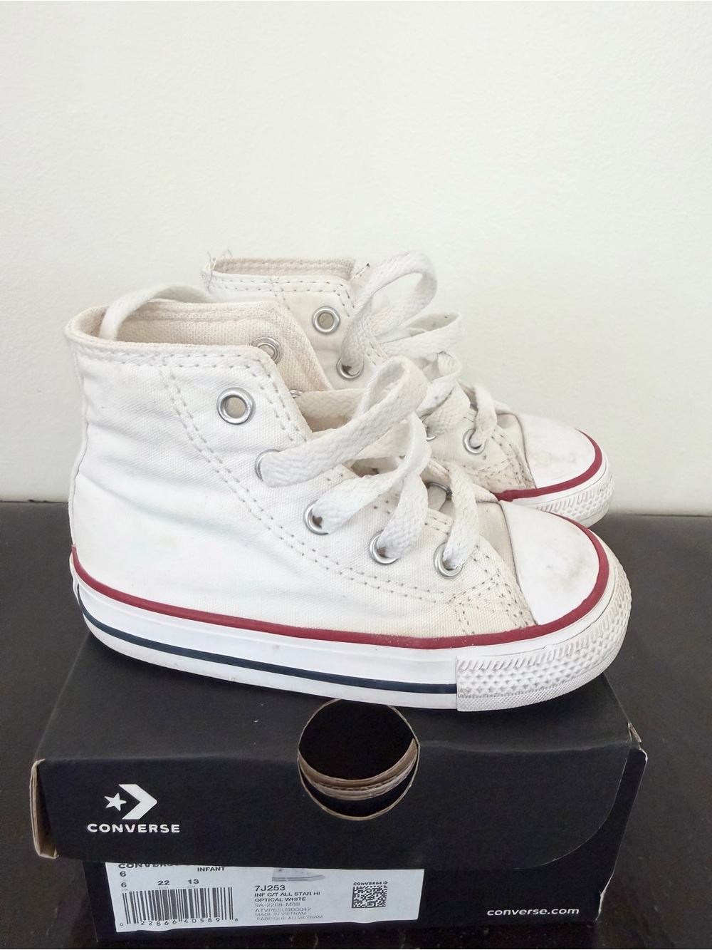 Converse Kids White High-Top Canvas Sneakers with Red and Black Stripe